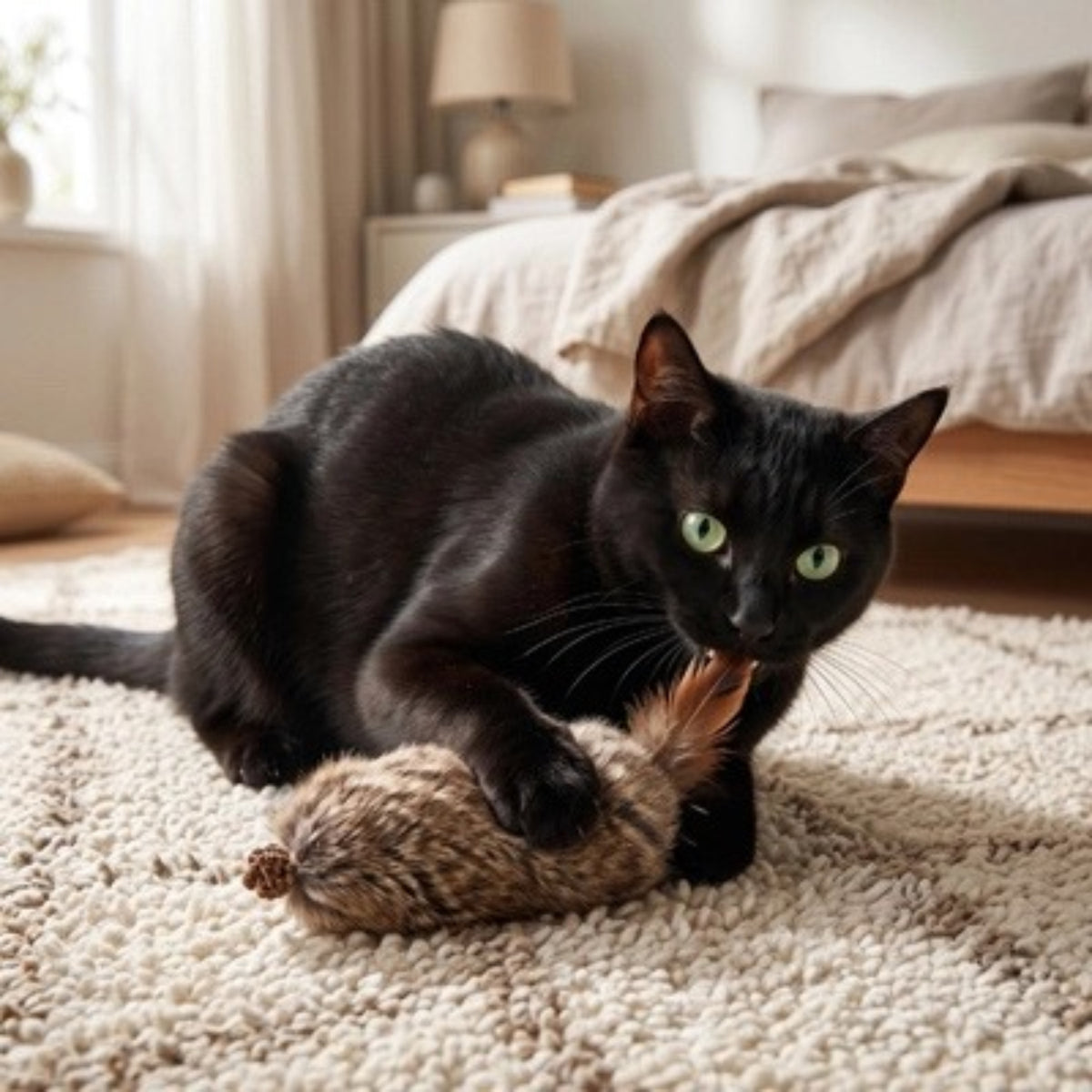 jouets pour chat, chat noir capturant un jouet à plumes