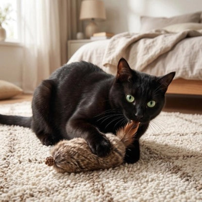 jouets pour chat, chat noir capturant un jouet à plumes