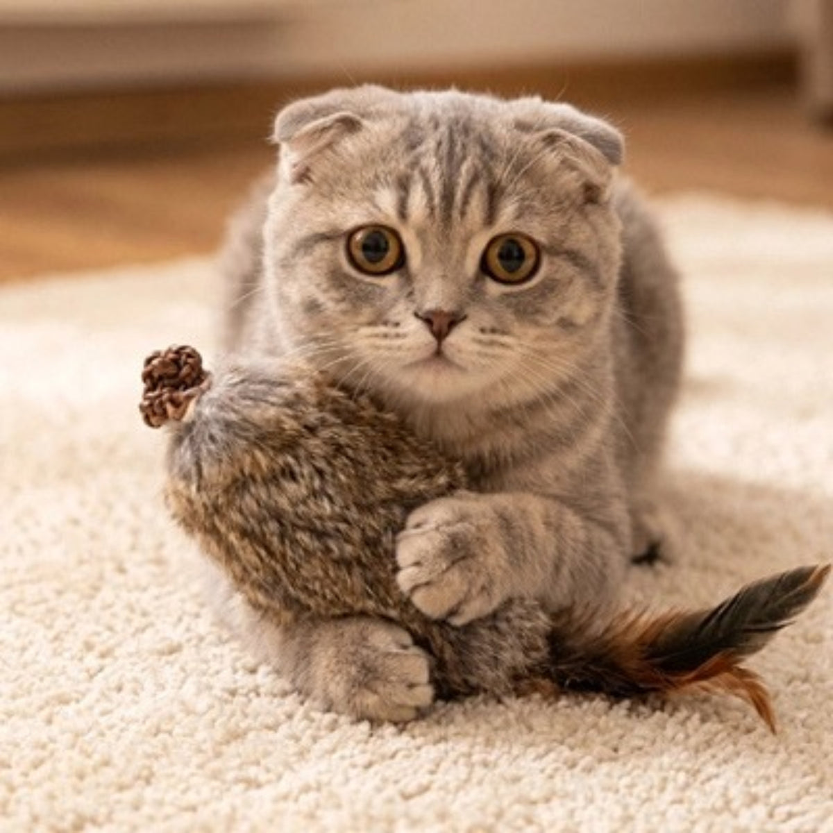 jouets pour chat, scottish fold tenant un jouet à plumes