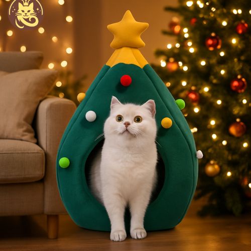 lit chat sapin ronron chat blanc dedans salon decoration noel nuit