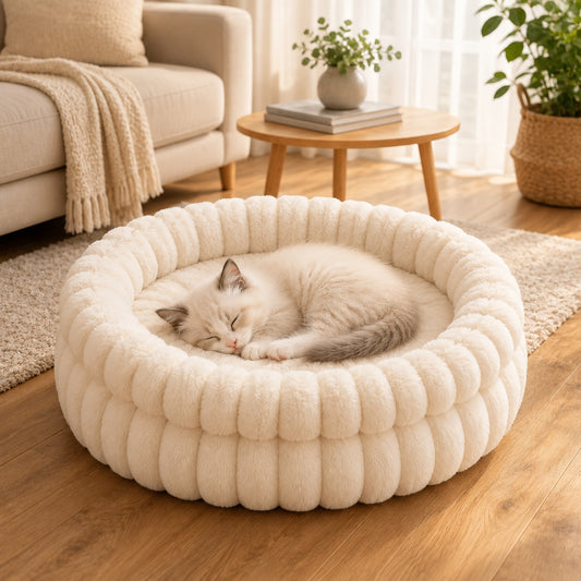 lit chaton blanc neige chaotn endormi en boule dedans