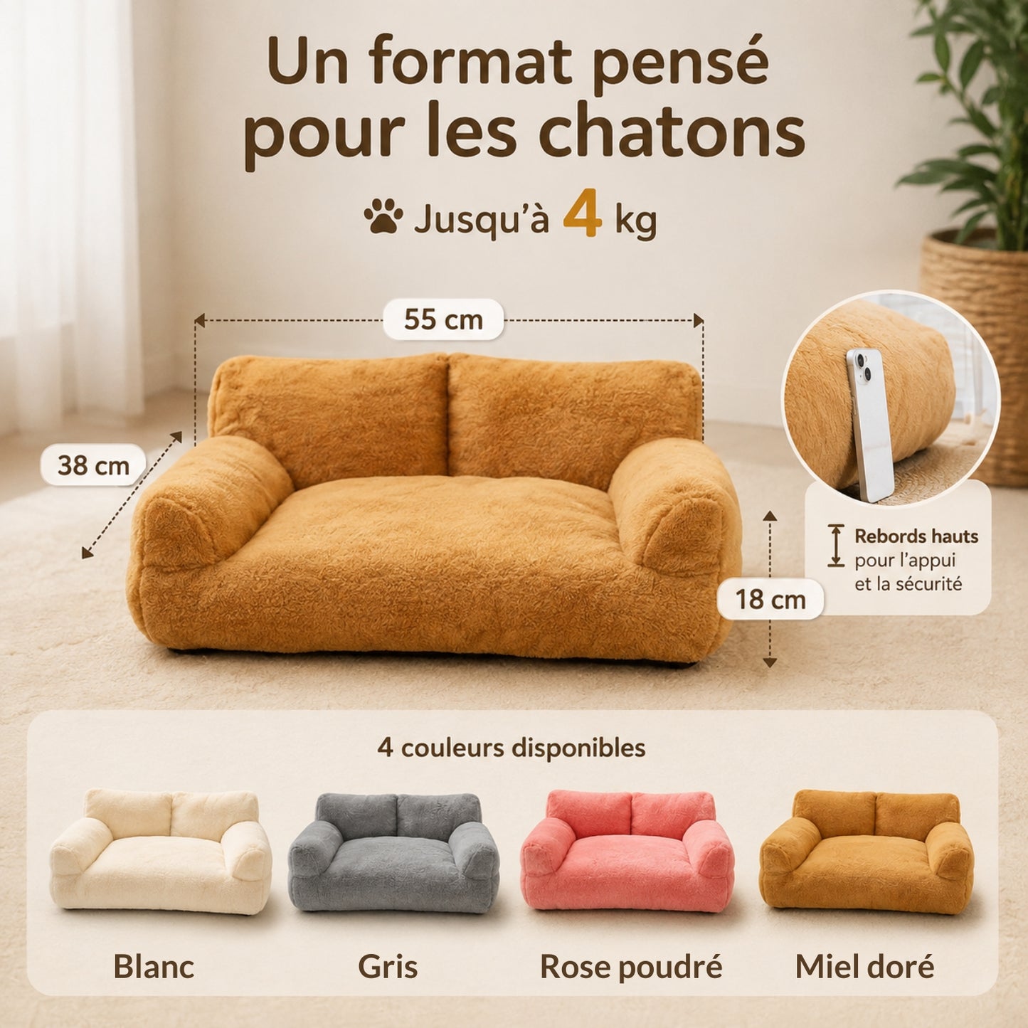 lit chaton canapé miel doré, dimensions et 4 coloris