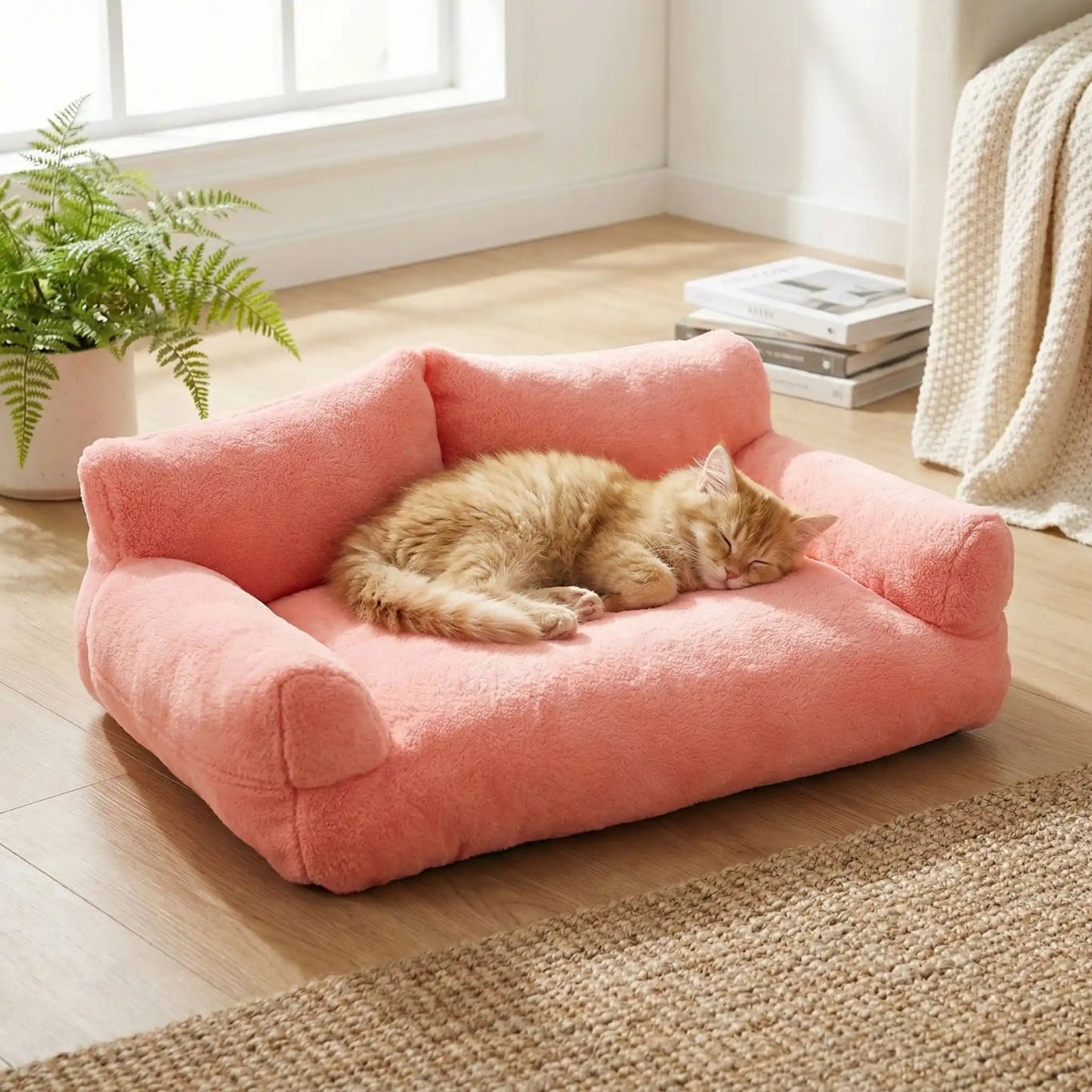 lit chaton canapé rose poudré, chaton roux endormi