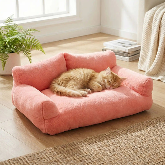 lit chaton canapé rose poudré, chaton roux endormi