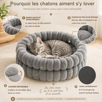 lit chaton gris perle bords hauts coussin reversible antiderapant