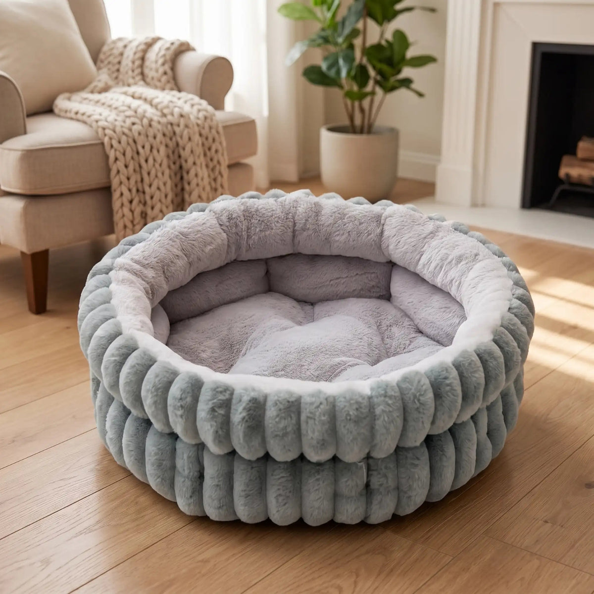 lit chaton gris perle rond bords hauts coussin amovible