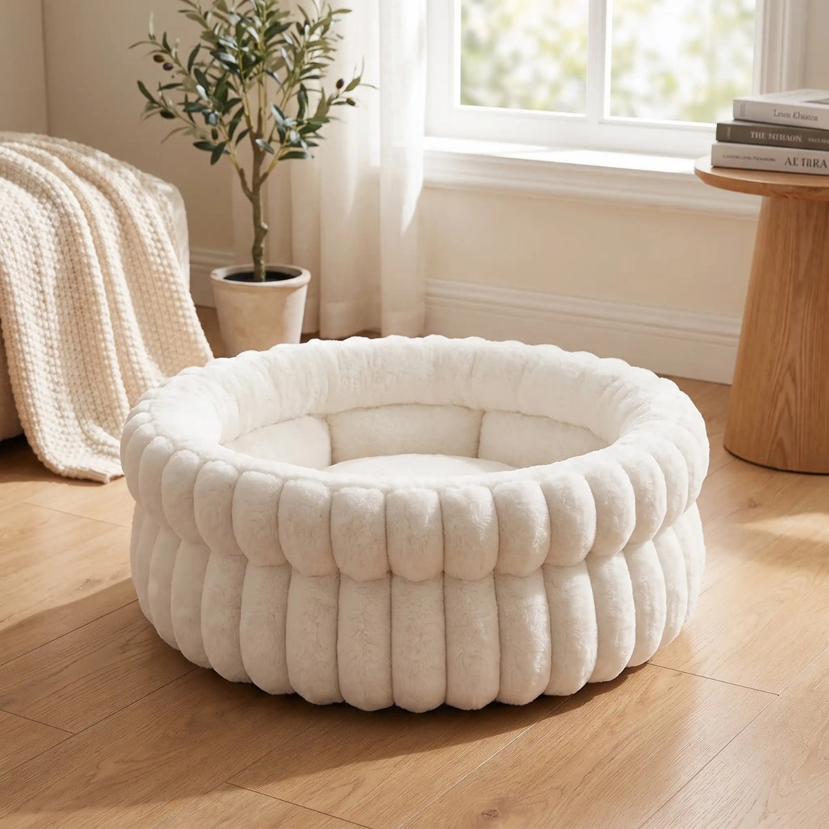 lit chaton blanc neige rond bords hauts coussin amovible
