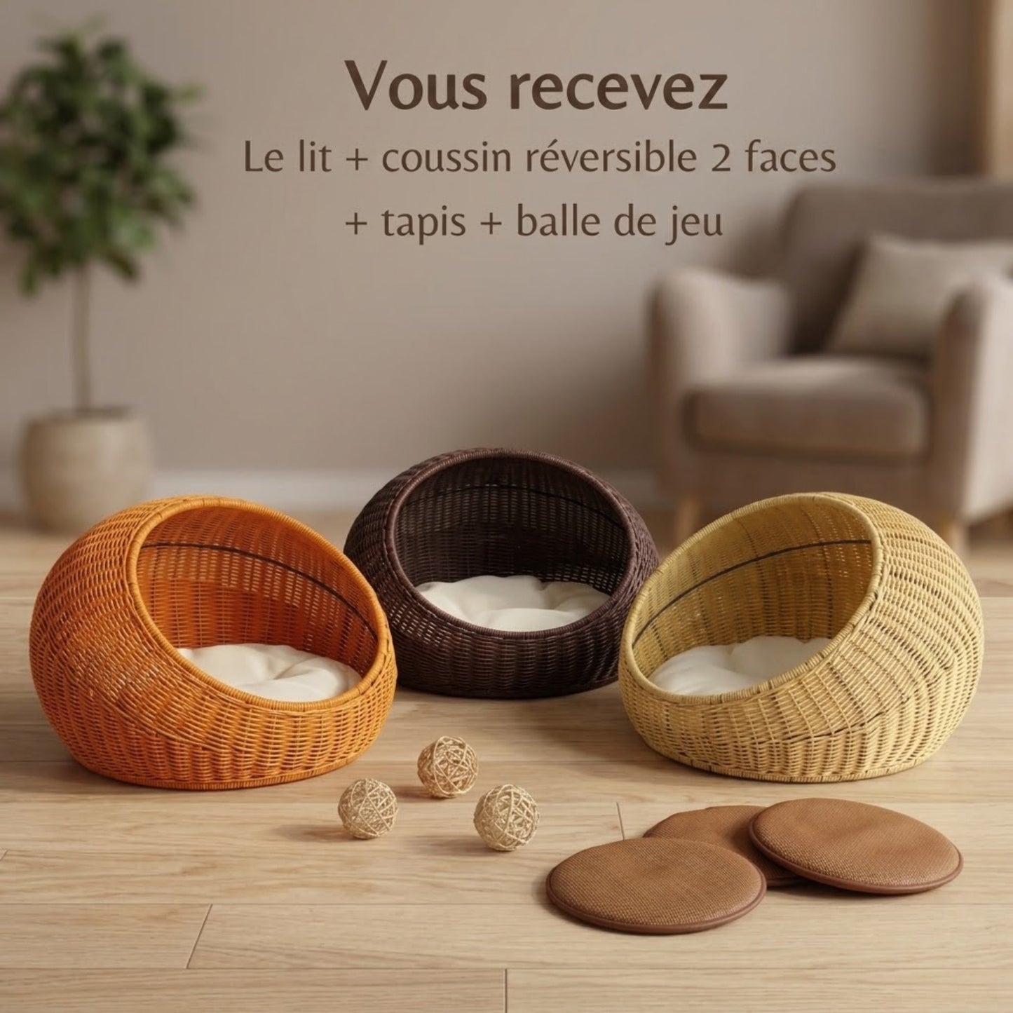 lit chaton rotin 3 coloris marron orange beige accessoires