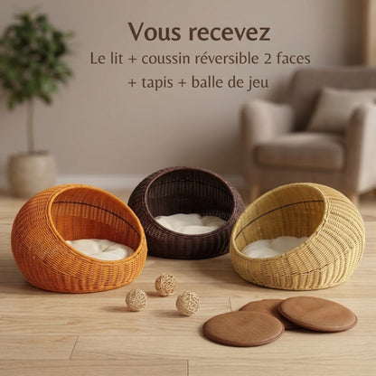 lit chaton rotin 3 coloris marron orange beige accessoires