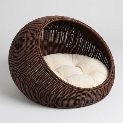 lit chaton rotin marron glacé coussin crème