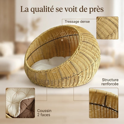 lit chaton rotin beige tressage armature coussin 2 faces