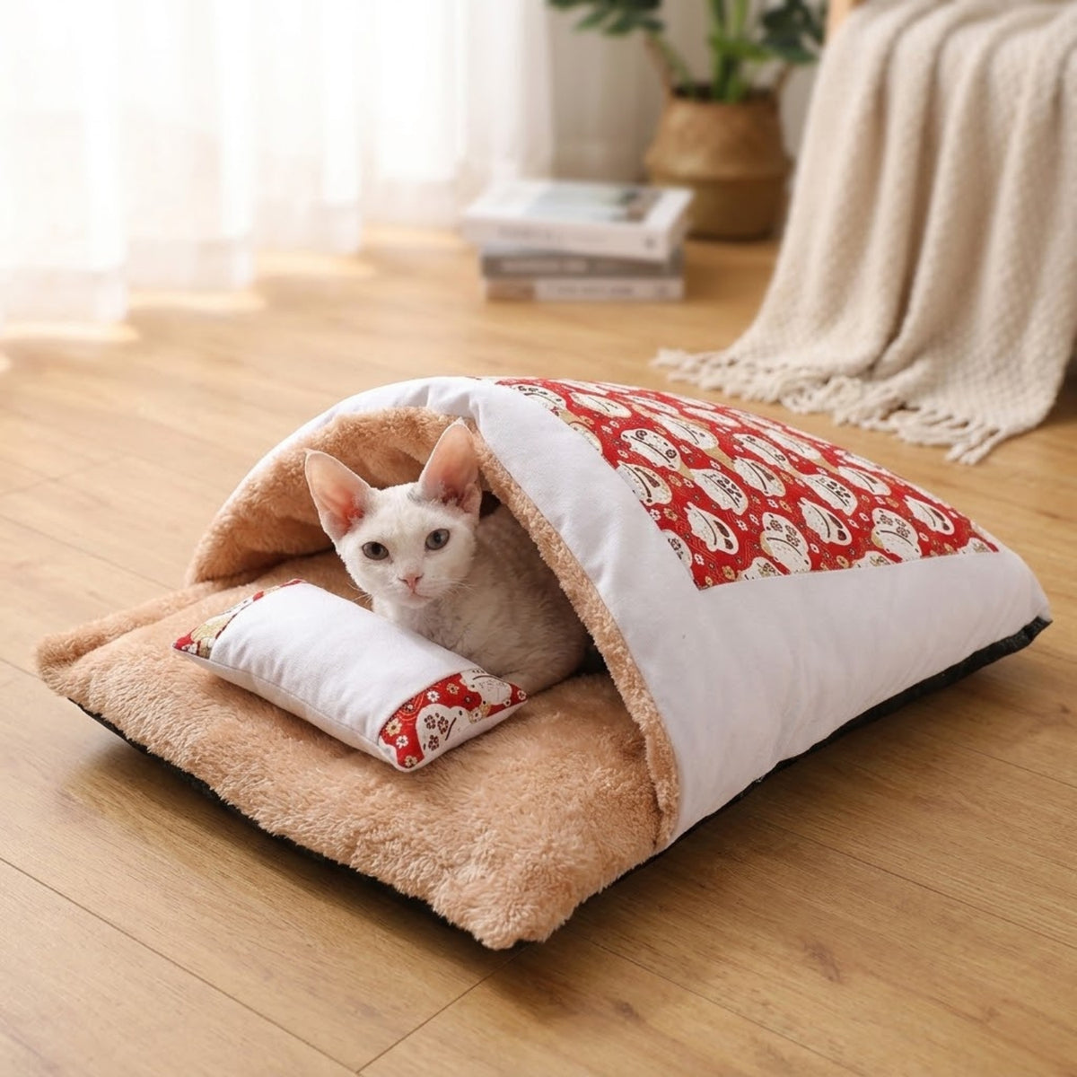 lit chaton rouge Kyoto, un chaton installé dedans
