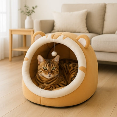 lit pour chat bangal lové dedans dans salon