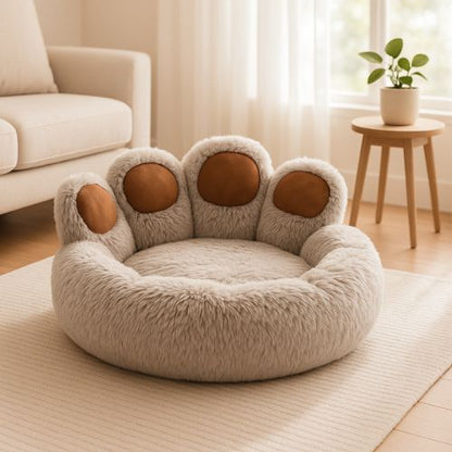 lit pour chat dreamypaw gris dans salon avec plante