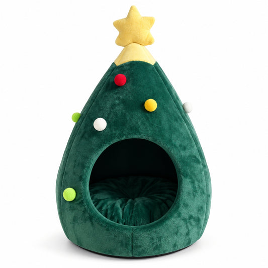 lit pour chat sapin noël vert fond blanc