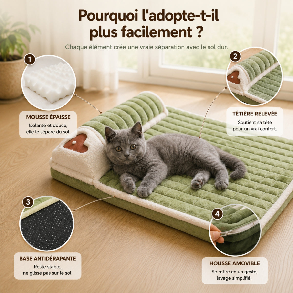 lit pour chaton mousse têtière base antidérapante housse