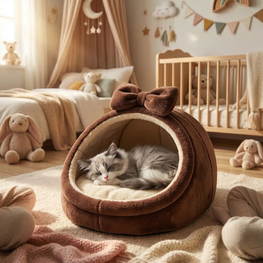lit pour chaton marron chocolat chaton lové chambre enfant