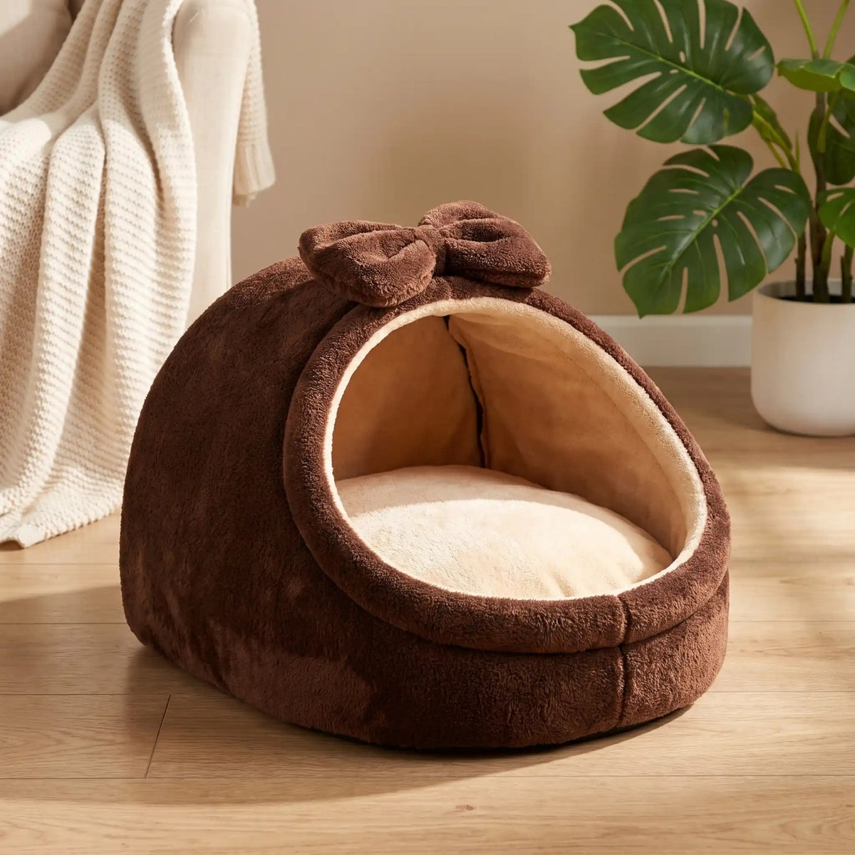 lit pour chaton marron chocolat coque à nœud intérieur beige