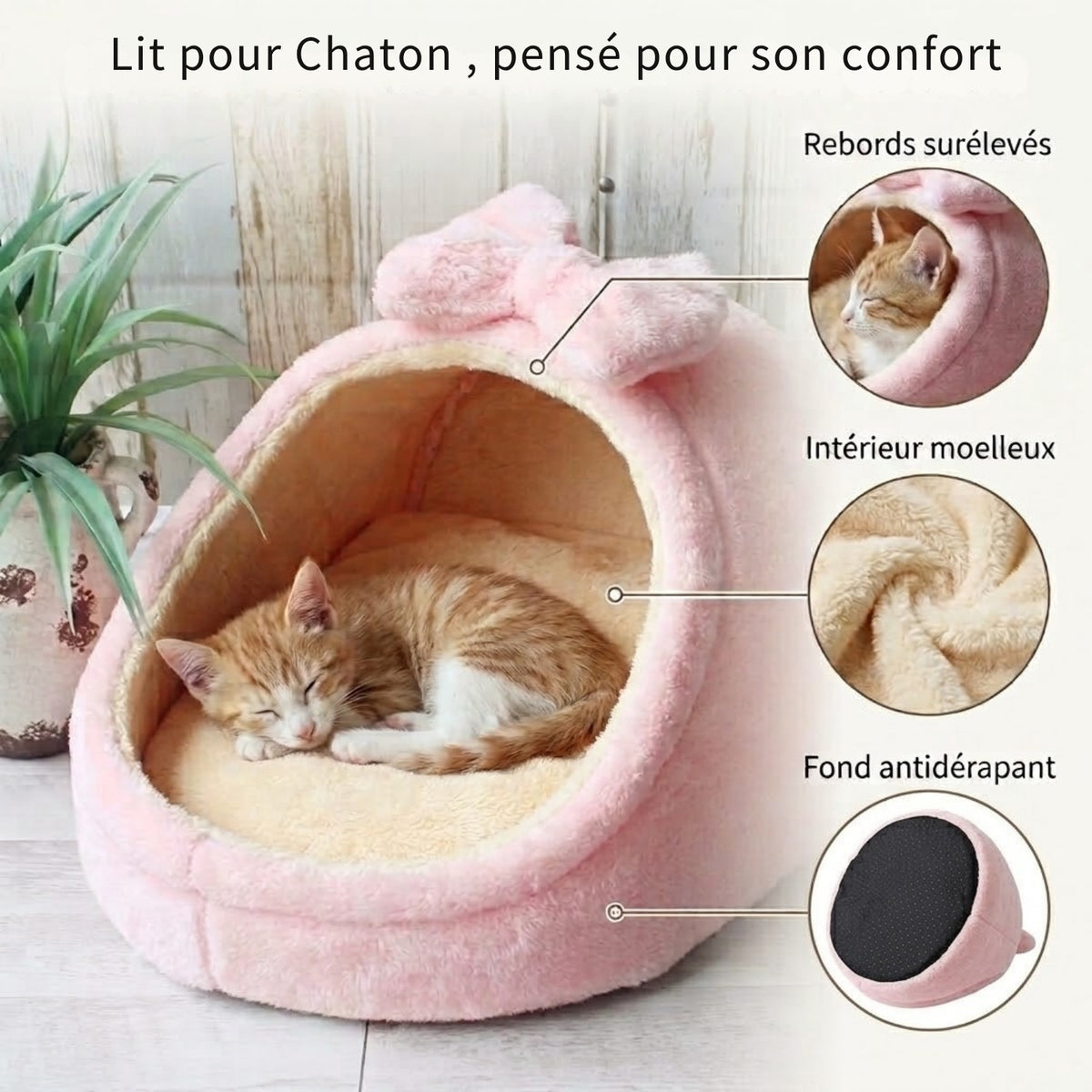 lit pour chaton rose rebords intérieur moelleux fond antidérapant