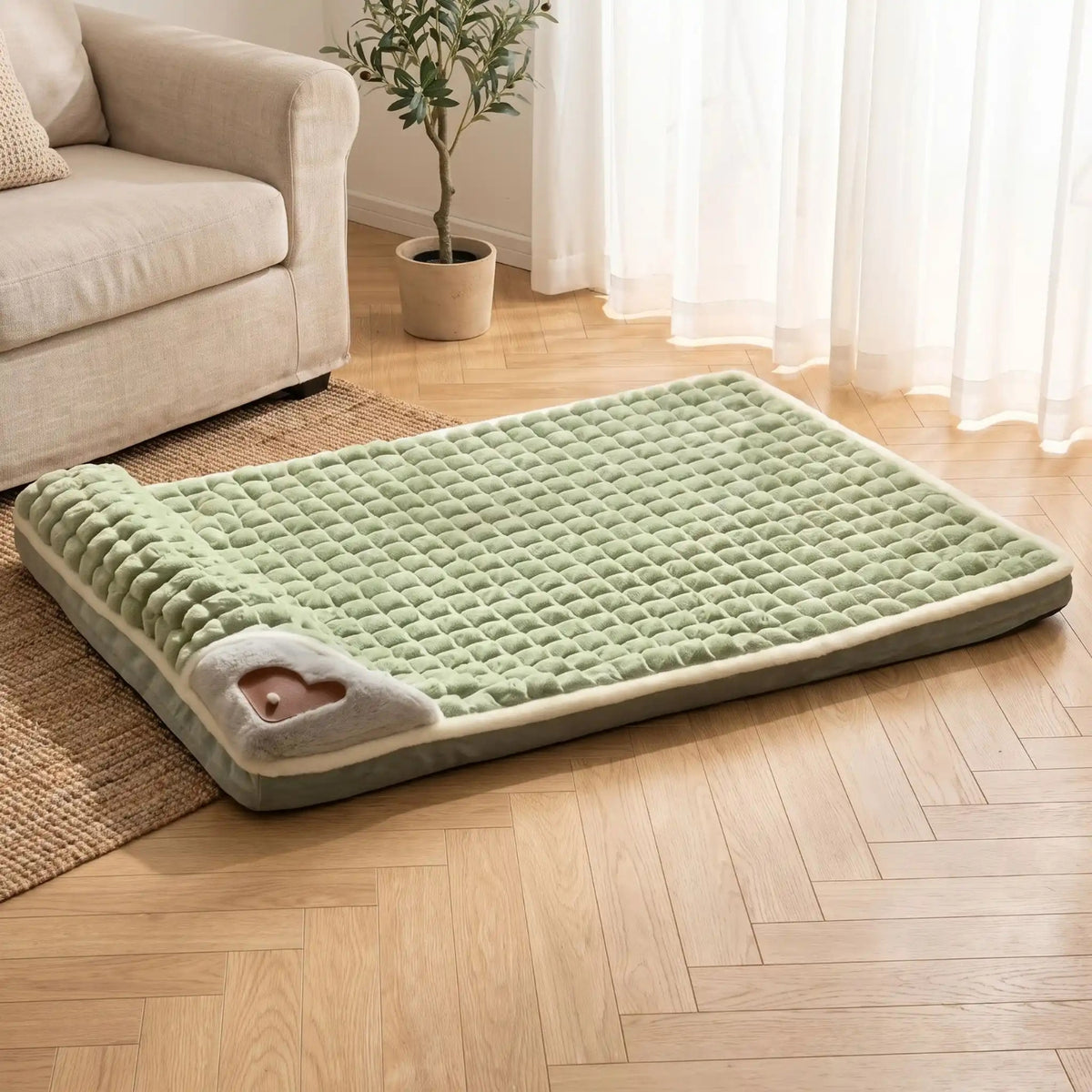  lit pour chaton vert dans salon parquet clair