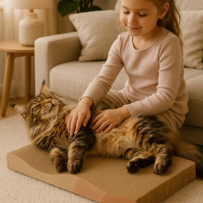 maine coon allongé sur griffoir chat carton filette caressant son ventre