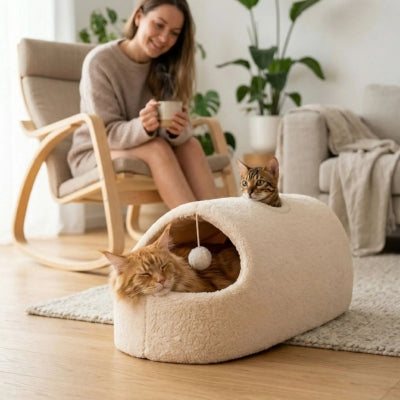 maine coon dort cocon pour chat bangal observe maîtresse les regarde