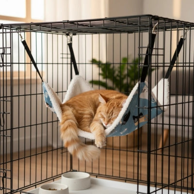 maine coon dort hamac à chat accroché à cage