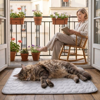 maine coon dort sur tapis rafraichissant chat maîtresse lis dans balcon