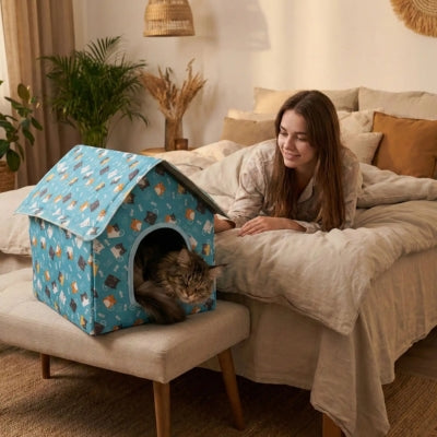 maine coon endormi dans maison pour chat maîtresse le regardant
