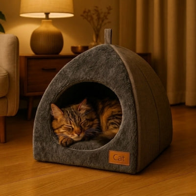 maine coon endormi dans niche à chat