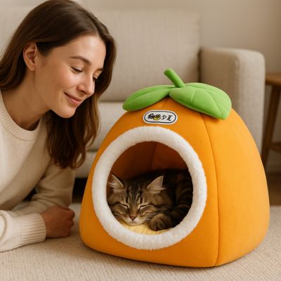 maine coon endormi dans niche pour chaton maîtresse ravie