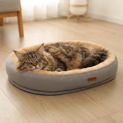 maine coon endormi dans un des coussins chat nid moelleux gris argenté