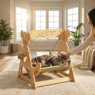 maine coon endormi sur hamac à chat sa maîtresse le carresse