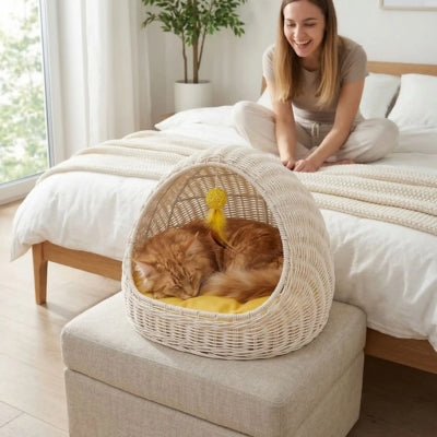 maine coon enroulé dans panier chatons maîtresse contente le regarde