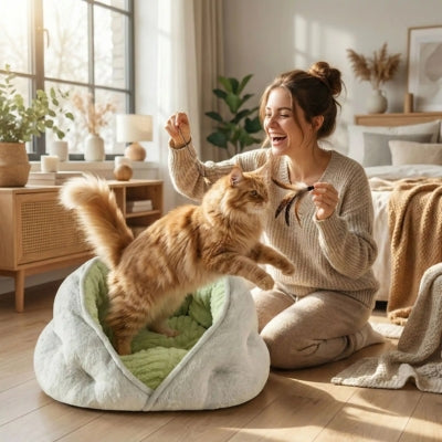 maine coon jouant dans sa niche à chat avec sa maîtresse