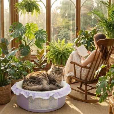 maine coon lové couffin pour chat maîtresse lis livre dans verrière