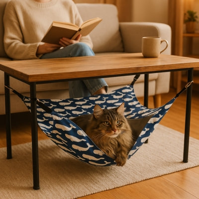 maine coon lové dans hamac chaton son maître lisant livre