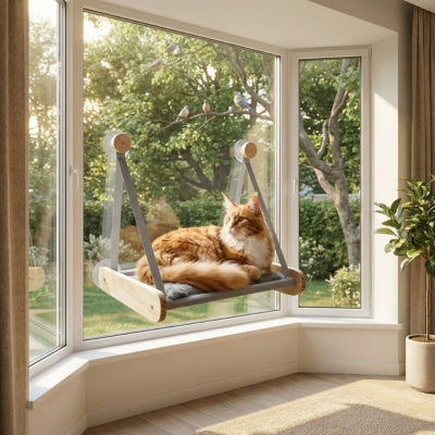 maine coon observant sur hamac à chat fixé baie vitrée