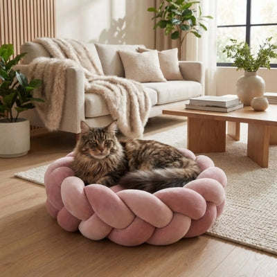 maine coon relaxant  couffin pour chat rose poudré