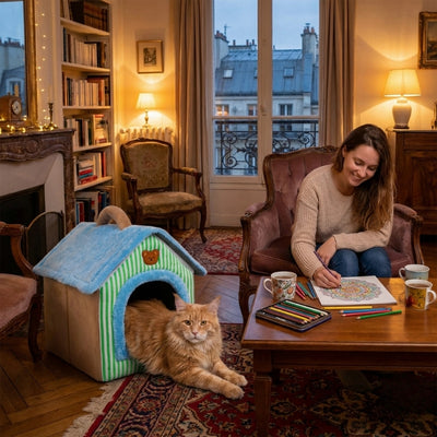 maine coon relaxant dans maison chaton maîtresse coloriant mandala