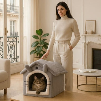 maine coon relaxant dans niche à chat maîtresse debout à côté