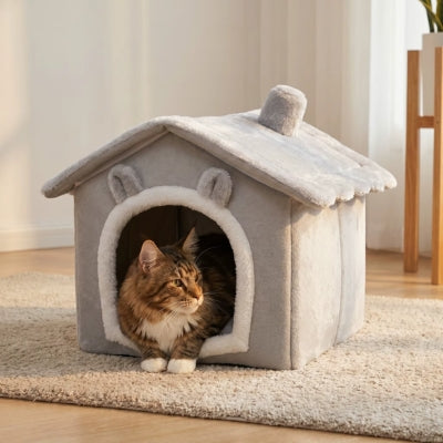 maine coon relaxant dans niche pour chat interieur grise
