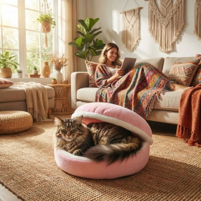 maine coon relaxant dans nid chaton maîtresse lis sur tablette