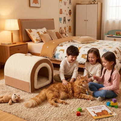 maine coon relaxant devant niche pour chat intérieur enfants jouant