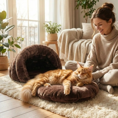maine coon relaxant sur coussin une ses maisons pour chat maîtresse le regardant
