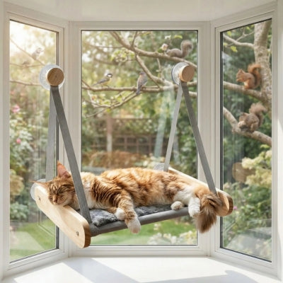 maine coon relaxant sur hamac à chat fixé baie vitrée