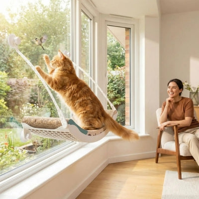 maione coon s'amuse sur hamac chat suspendu maîtresse contente le regardant