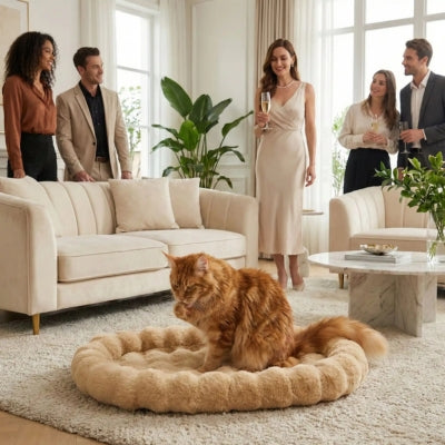 maine coon se toilette dans lit pour chaton invités dans salon