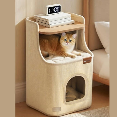 maison à chat chaton relaxant sur étagère en haut