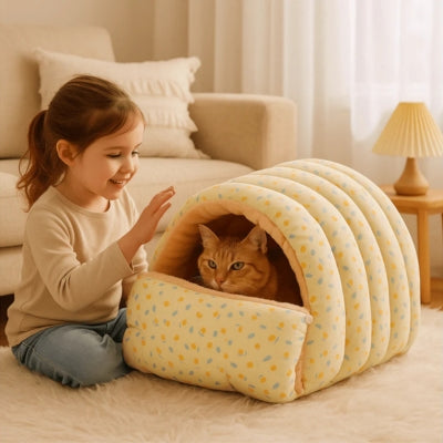 maison chat jaune chaton dedans filette jouant